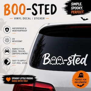 Op de afbeelding: Een witte vinyl sticker op een achterruit van een auto met de tekst Boo-sted, waarbij twee spookillustraties de letter o vervangen. Het ontwerp bevat oranje en zwarte tekst en iconen die de eigenschappen van de sticker weergeven.