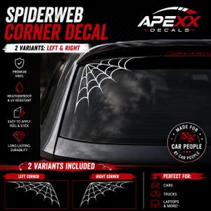 Op de afbeelding: Een witte spinnenweb-hoeksticker aangebracht op de achterruit van een donker voertuig. De afbeelding toont een klassiek webpatroon voor autoruiten. De afbeelding bevat tekstlabels voor de linker- en rechtervariant en branding van APEXX DECALS.