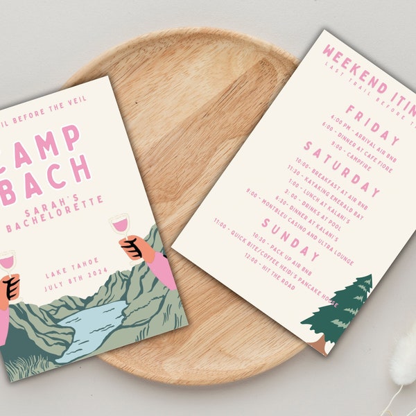 Camp Bachelorette Party Invitation and Itinerary, Mountain Bachelorette, Last Trail Before The Veil, Girl Trip Weekend