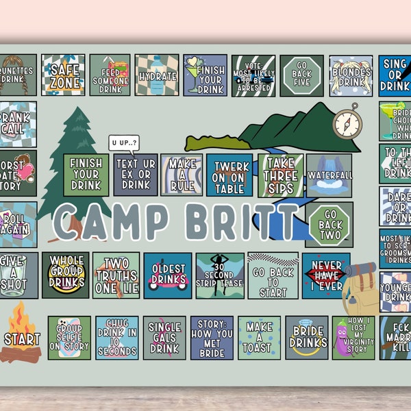 Camp Bachelorette Board Drinking Game, Last Trail Before The Veil Bridal weekend, Camping Hen Do Party, Bach Game, Editable Game Template