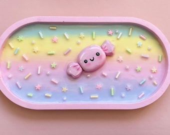 Smyckesfat med regnbågsmotiv – kawaii-godisdekoration, handgjord, pastellfärgad, smyckesbricka för ringar och halsband