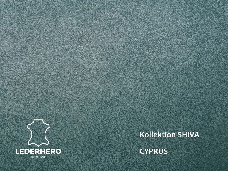 May include: A close-up of a teal leather texture with the text "Kollection SHIVA CYPRUS" in white.