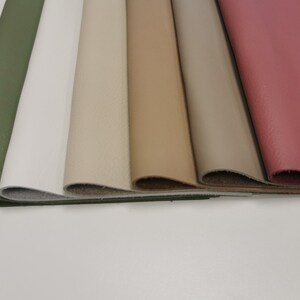 May include: A close-up of six different coloured leather swatches. The swatches are arranged in a row from left to right, with the green swatch on the left and the pink swatch on the right. The swatches are all the same size and shape.