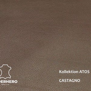 May include: Close-up of brown leather with a textured surface. The image includes the text "Kollektion ATOS" and "CASTAGNO". The "LEDERHERO" logo is also visible.