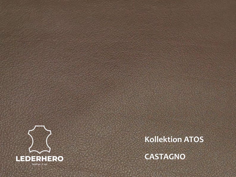 May include: Close-up of brown leather with a textured surface. The image includes the text "Kollektion ATOS" and "CASTAGNO". The "LEDERHERO" logo is also visible.