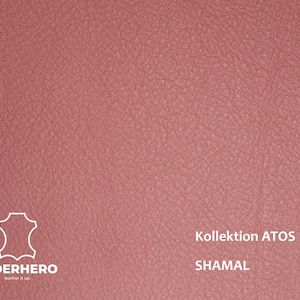 May include: A close-up of a textured, pink leather fabric. The fabric is labelled "Kollection ATOS SHAMAL".