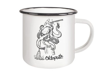 Witzige Emaille Tasse "Oktoputz" | Geschenk für die Küche | Geschenk für Einweihungsparty | Geschenk Umzug | Krake | Lustiger Kaffeebecher