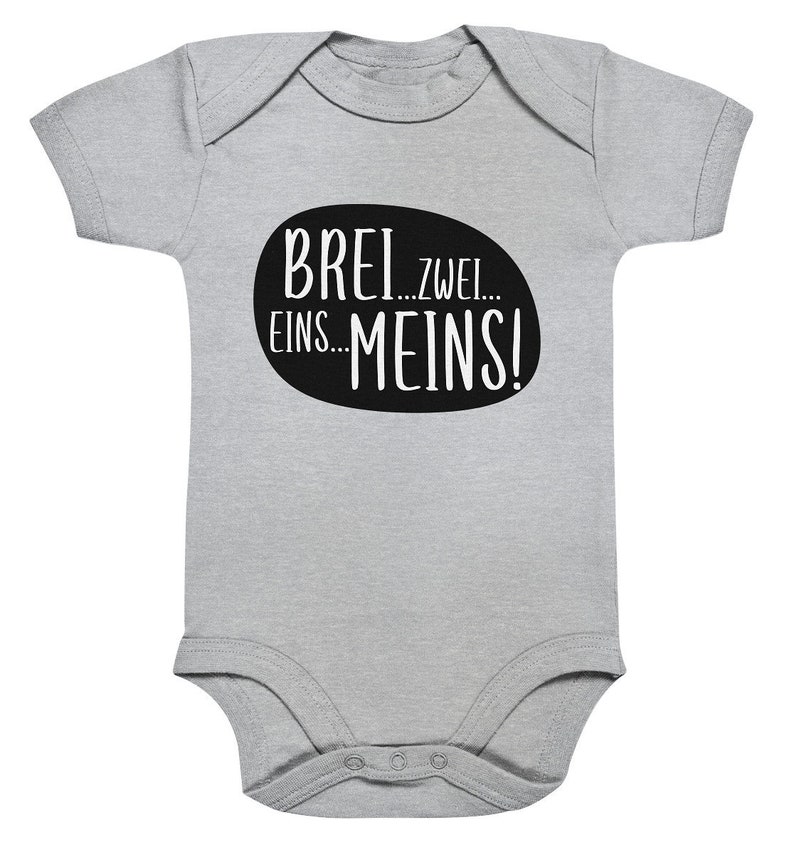 Organic Baby Body mit witzigem Aufdruck Brei, Zwei, Eins, MEINS Geschenk zur Geburt Geschenk Toddler Geschenk für Baby Taufgeschenk Heather Grey