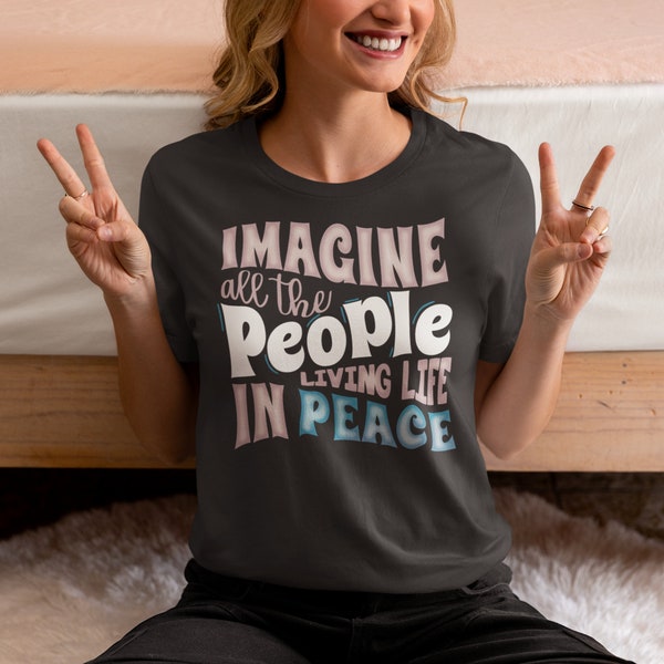 Stylishes Peace Shirt für Damen | Imagine Shirt | Statement Shirt Music | Statement Shirt Frieden | Boho | Fröhliches Shirt für Frauen