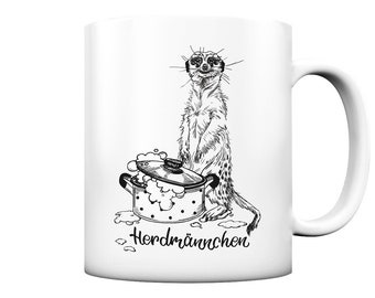 Tasse "Herdmännchen" mit niedlichem Erdmännchen | Witziges Geschenk für die Küche | Wortwitz | Tierdrucke | süßes Erdmännchen|