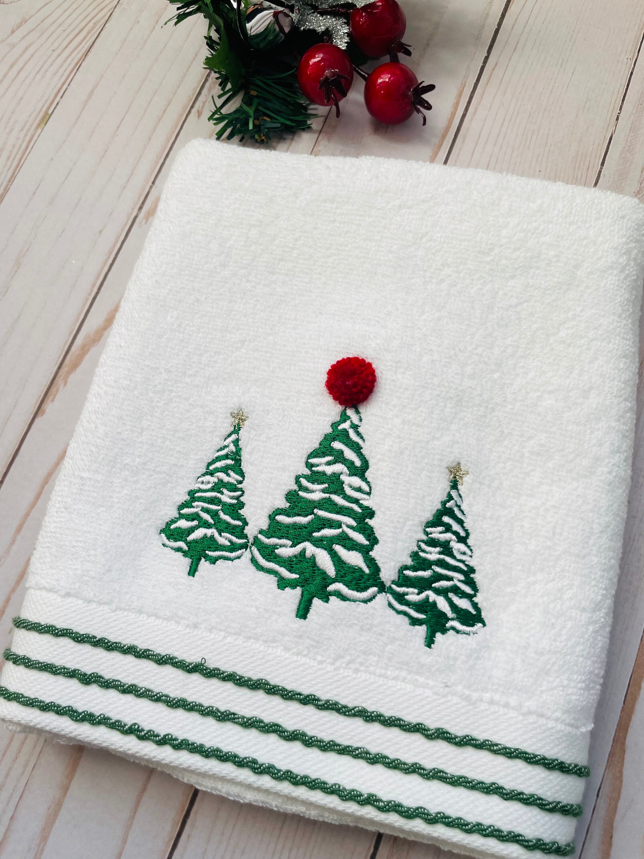 Christmas Sled Ornament Embroidered Cotton Kitchen Hand Towel w