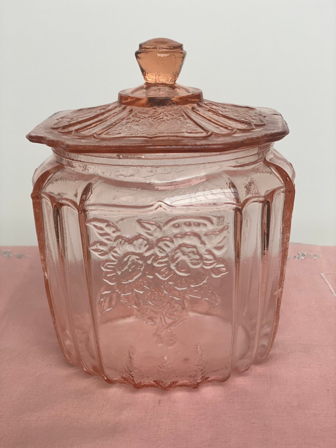 Vintage Pink Depression Glass Cookie Jar Etsy