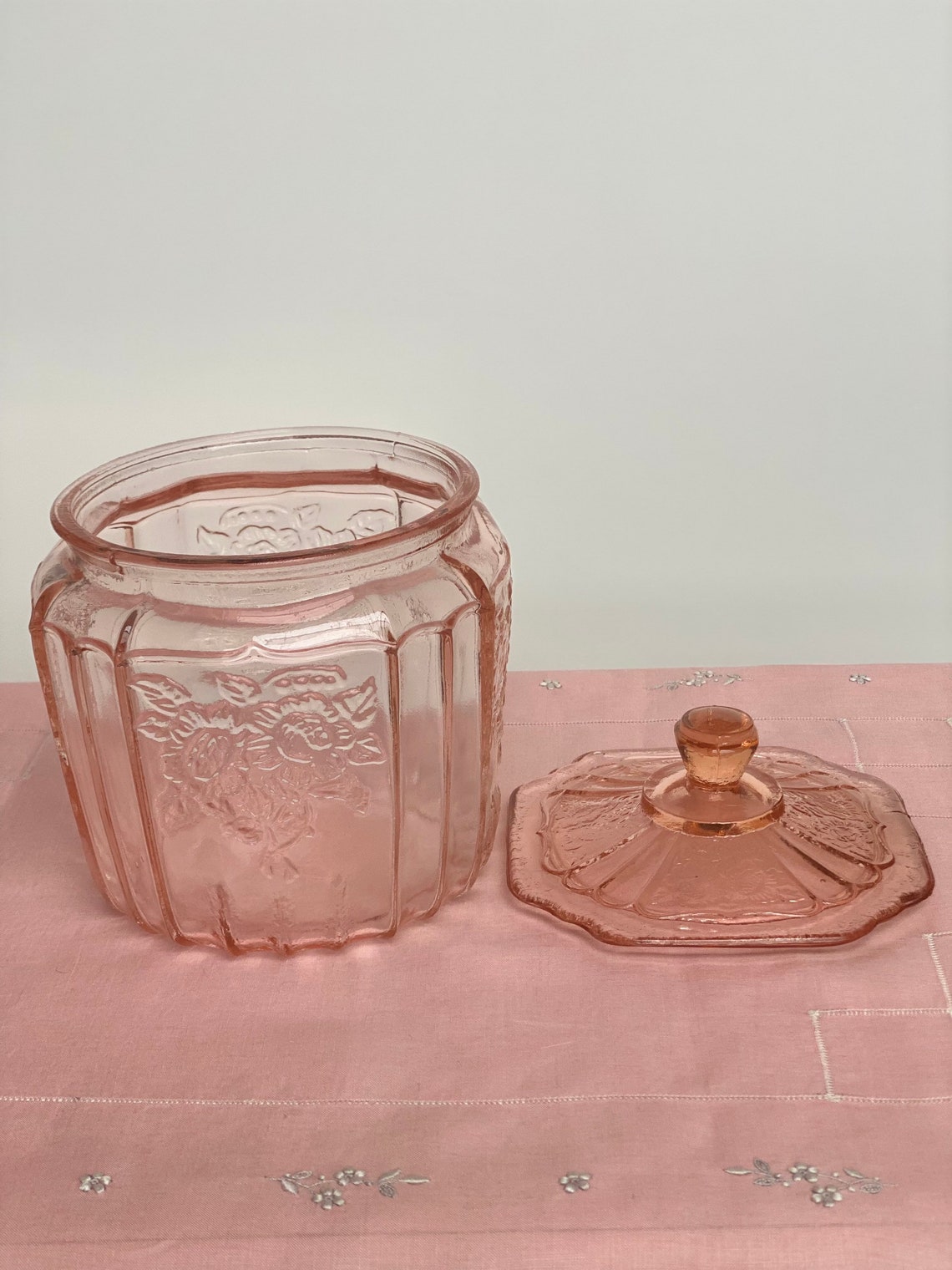 Vintage Pink Depression Glass Cookie Jar Etsy