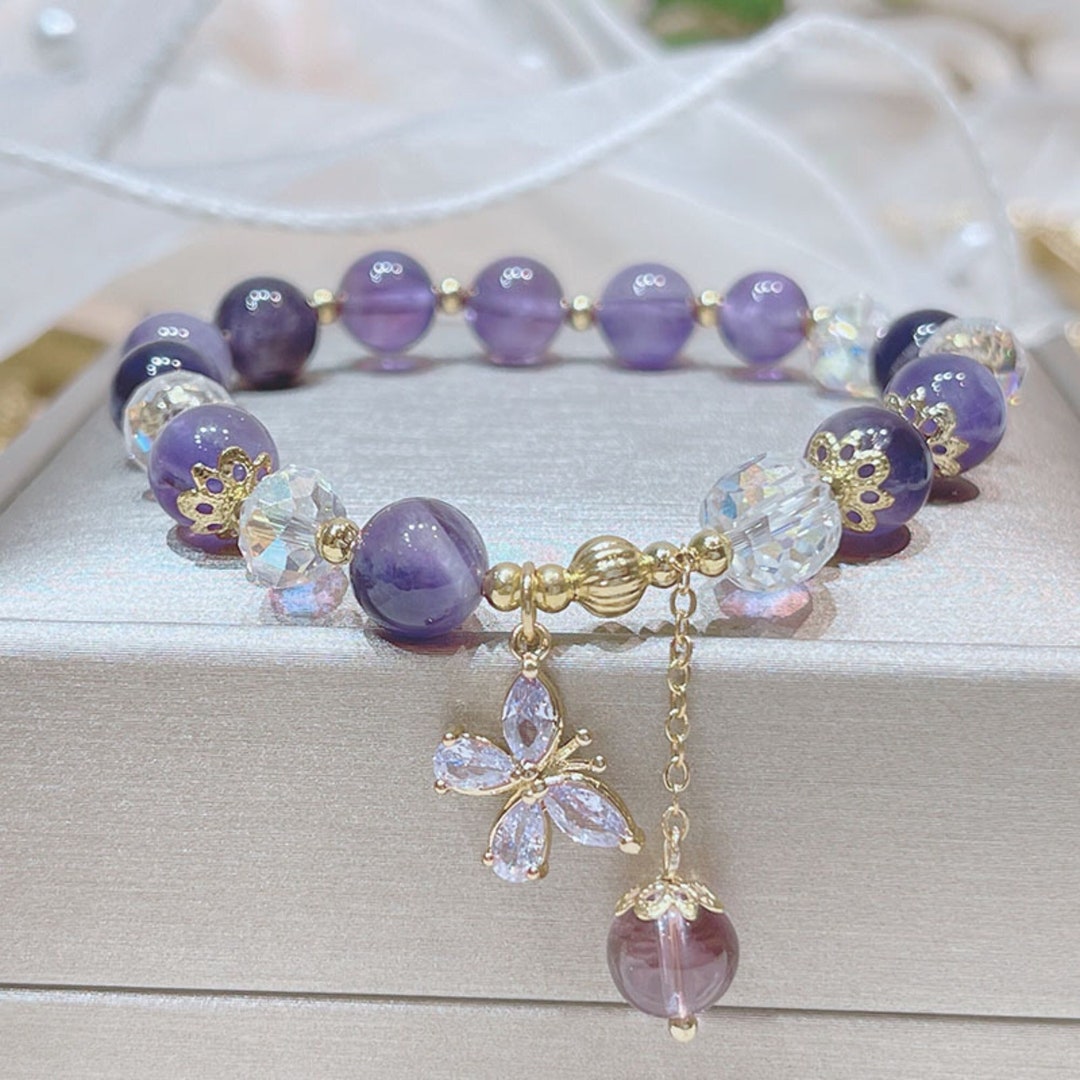 Amethyst Beaded With Butterfly Charm Bracelet, Amethyst Bracelet