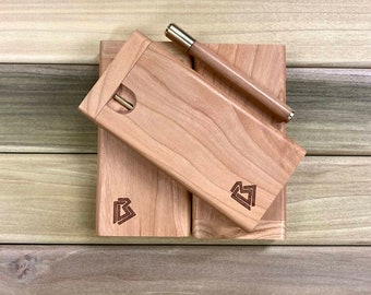 Cherry Wood 4&quot; Square Body Dugout Stash Box w Brass Poker & Bat/One Hitter Pipe Set- Handmade in the USA