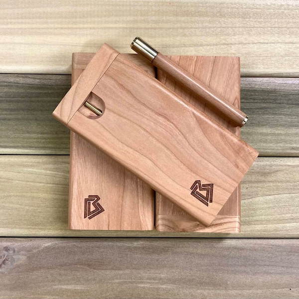 Cherry Wood 4" Square Body Dugout Stash Box w Brass Poker & Bat/One Hitter Pipe Set- Handmade in the USA