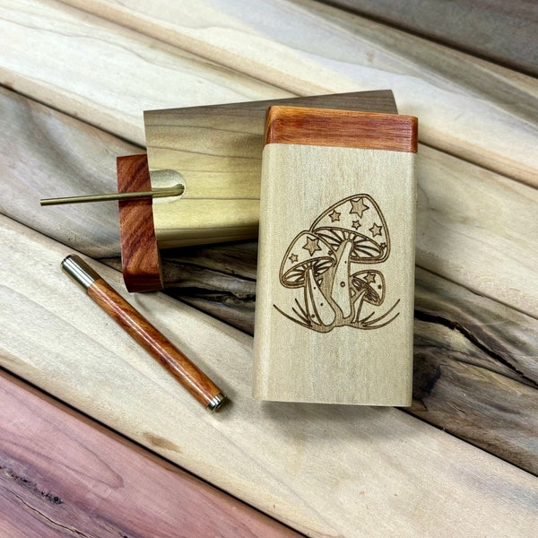 Mushroom Engraved Poplar Wood Dugout w Poker, Exotic Canarywood Lid & Pipe- Choice of Short (3.5") or Tall (4") Dugout