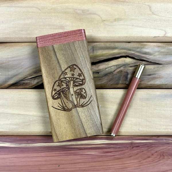 Mushroom Engraved 4" Rainbow Poplar Wood Dugout w Poker, Aromatic Cedar Lid & Bat/One Hitter Pipe Set- Handmade in the USA