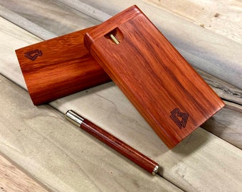 Exotic Padauk Wood 4&quot; Dugout Stash Box w Brass Poker & Bat/One Hitter Pipe Set- Handmade in the USA