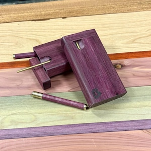 Exotic Purpleheart Wood 4&quot; Dugout Stash Box w Brass Poker & Bat/One Hitter Pipe Set- Handmade in the USA