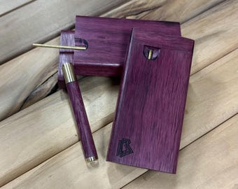 Exotic Purpleheart Wood 4" Dugout Stashbox w Brass Poker & Fat Bat/One Hitter Pipe Set- Handmade in the USA