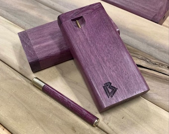 Exotic Purpleheart Wood 4" Square Body Dugout Stash Box w Brass Poker & Bat/One Hitter Pipe Set