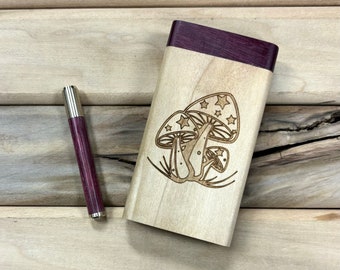Mushroom Engraved Poplar Dugout w Poker w Exotic Purpleheart Lid & Bat/One Hitter Pipe Set- Choice of 3.5” or 4” Tall- Handmade in the USA