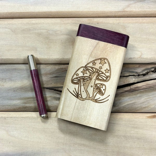 Mushroom Engraved 3.5” Poplar Wood Dugout w Poker w Exotic Purpleheart Lid & Bat/One Hitter Pipe Set- Handmade in the USA
