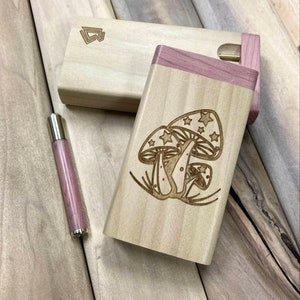 Mushroom Engraved Poplar Wood Dugout w Poker, Aromatic Cedar Lid & Pipe- Choice of Short (3.5&quot;) or Tall (4&quot;) Dugout