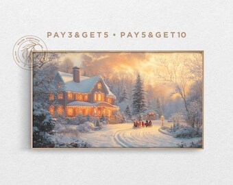 May include: A painting of a snow-covered house with lights on, surrounded by trees. People are walking in the snow towards the house. The text "PAY 3 & GET 5 • PAY 5 & GET 10" is at the top of the image.
