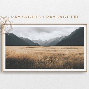 May include: A framed photograph of a mountain range with a field of tall grass in the foreground. The mountains are in the distance and are covered in clouds. The grass is a light brown colour and is blowing in the wind. The frame is a light brown wood.