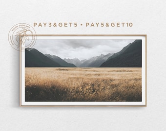 May include: A framed photograph of a mountain range with a field of tall grass in the foreground. The mountains are in the distance and are covered in clouds. The grass is a light brown colour and is blowing in the wind. The frame is a light brown wood.