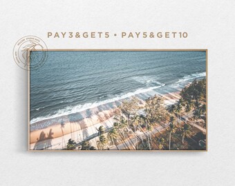 4K Samsung Frame TV Art, Muted Blue Coastal Landscape, Summer Palm Tree Beach, Natural Tropical Boho Digital Artwork