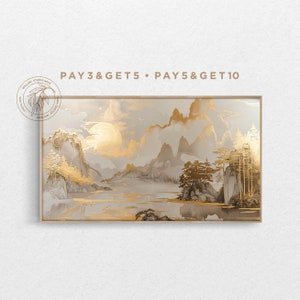May include: A framed painting depicting a mountain landscape with gold accents. The painting features a lake, mountains, and trees. The text "PAY 3 & GET 5 • PAY 5 & GET 10" is at the top of the image.