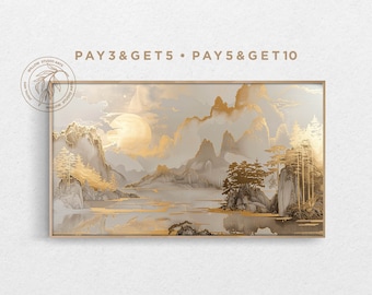 Op de afbeelding: Een ingelijst schilderij van een berglandschap met gouden accenten. Het schilderij toont een meer, bergen en bomen. De tekst "PAY 3 & GET 5 • PAY 5 & GET 10" staat bovenaan de afbeelding.