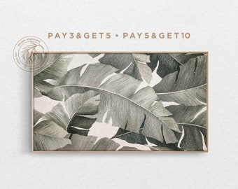 May include: A framed print featuring a detailed illustration of overlapping banana leaves in shades of gray and white. The artwork has a natural, botanical theme. The text "PAY 3 & GET 5 • PAY 5 & GET 10" is printed above the frame.
