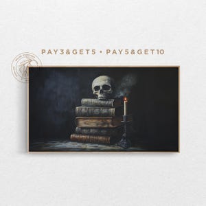 May include: A still life painting of a human skull resting on top of a stack of old books. A lit candle sits in a candlestick next to the books. The background is dark and moody.