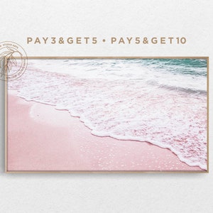4K Samsung Frame TV Art, Pink Beach Landscape, Patel Tropical Coastal View, Soft Tone Summer Ocean, Boho Digital Artwork