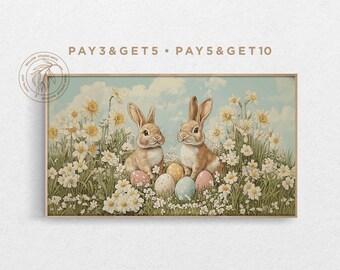 4K Easter Samsung Frame TV Art, Bunny with Easter Eggs in Spring Floral Meadow, Vintage Oil Painting, Happy Easter Decor Digital Artwork