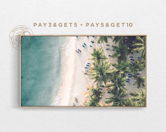 4K Samsung Frame TV Art, Neutral Coastal Landscape, Summer Blue Palm Tree Beach, Tropical Boho Digital Artwork