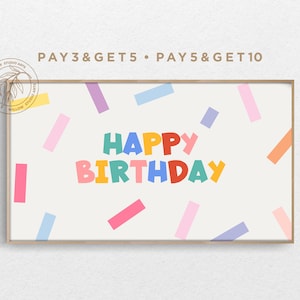May include: A white background with colorful confetti and the text "HAPPY BIRTHDAY" in rainbow colors. The text "PAY3&GET5 PAY5&GET10" is at the top of the image.