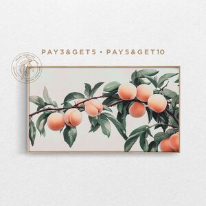 4K Samsung Frame TV Art, Pink Peaches on Tree Branch, Fine Oil Painting, Muted Spring Fruits TV Art, Neutral Pastel Digital Artwork