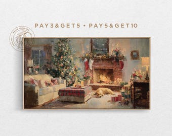 May include: A framed painting of a cozy living room decorated for Christmas. A lit Christmas tree, fireplace, and presents are visible. A dog is lying on the floor. The text "PAY 3&GET 5 • PAY 5&GET 10" is at the top.