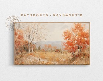 May include: A painting of a fall landscape with trees in shades of orange, yellow, and brown. The trees are in the foreground of the painting, with a distant view of hills in the background. The painting is framed in a light brown wood frame.