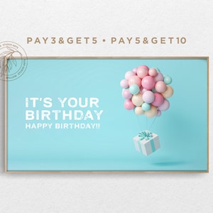 4K Samsung Frame TV Art, Blue Happy Birthday Digital Art, 3D Ballon & Gift, Birthday Celebration TV Art, Instant Download Digital Artwork