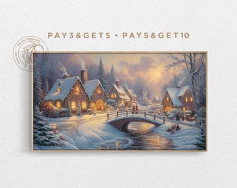 May include: A winter scene with snow-covered houses and a bridge over a stream. The houses are decorated with lights and there are people walking on the bridge. The text "PAY 3 & GET 5 • PAY 5 & GET 10" is at the top of the image.