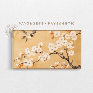 4K Spring Samsung Frame TV Art, White Apricot Blossoms & Swallows, Vintage Delicate Chinese Painting, Soft Pastel Floral Digital Artwork
