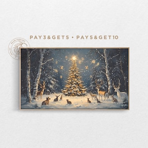 May include: A snowy forest scene with a glowing Christmas tree in the center.  Animals, including deer and rabbits, gather around the tree.  The text "PAY 3 & GET 5 - PAY 5 & GET 10" is at the top of the image.