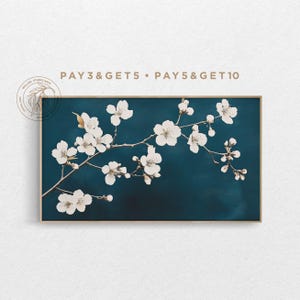 4K Spring Frame TV Art, White Cherry Blossom Japanese Vintage Painting, Floral TV Art on Dark Blue Background, Delicate Digital Artwork