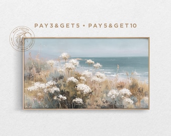 4K Samsung Frame TV Art, Summer Blue Ocean Vintage Oil Painting, Coastal Landscape, Wild White Flowers Hand Drawn Impasto Digital Artwork